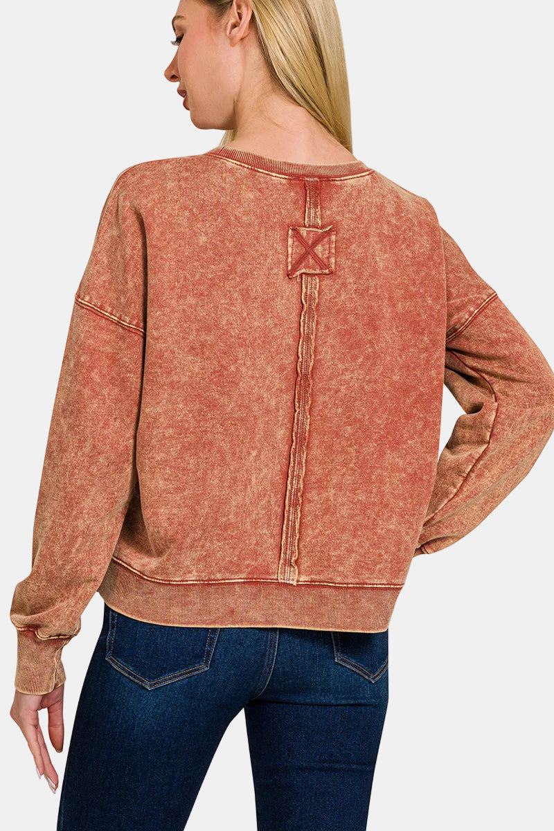 French Terry Acid Wash Boat Neck Pullover / OCEAN BLUE