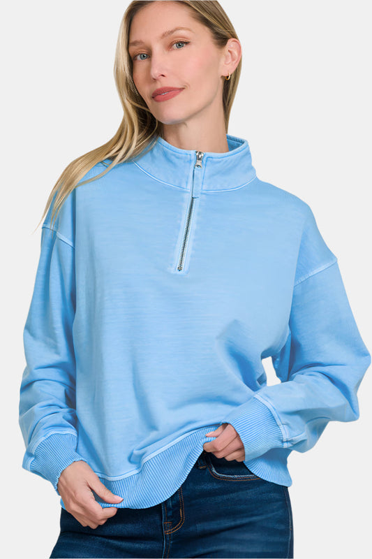 F/Terry Pigment Dye & Enzyme Washed Half Zip Top / DEEP SKY
