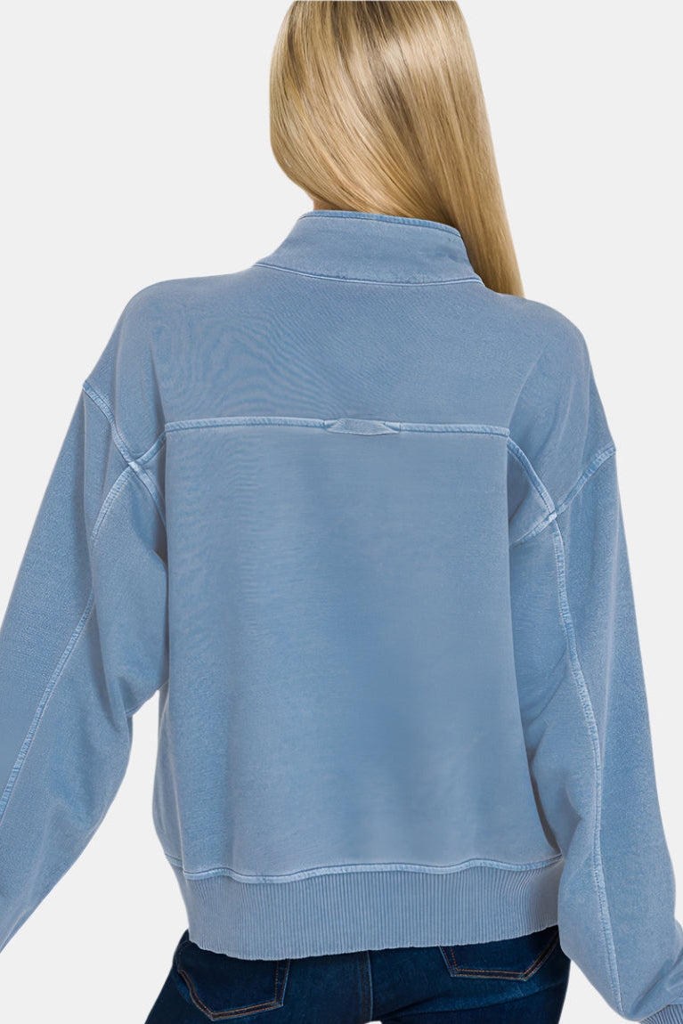 F/Terry Pigment Dye & Enzyme Washed Half Zip Top / DEEP SKY