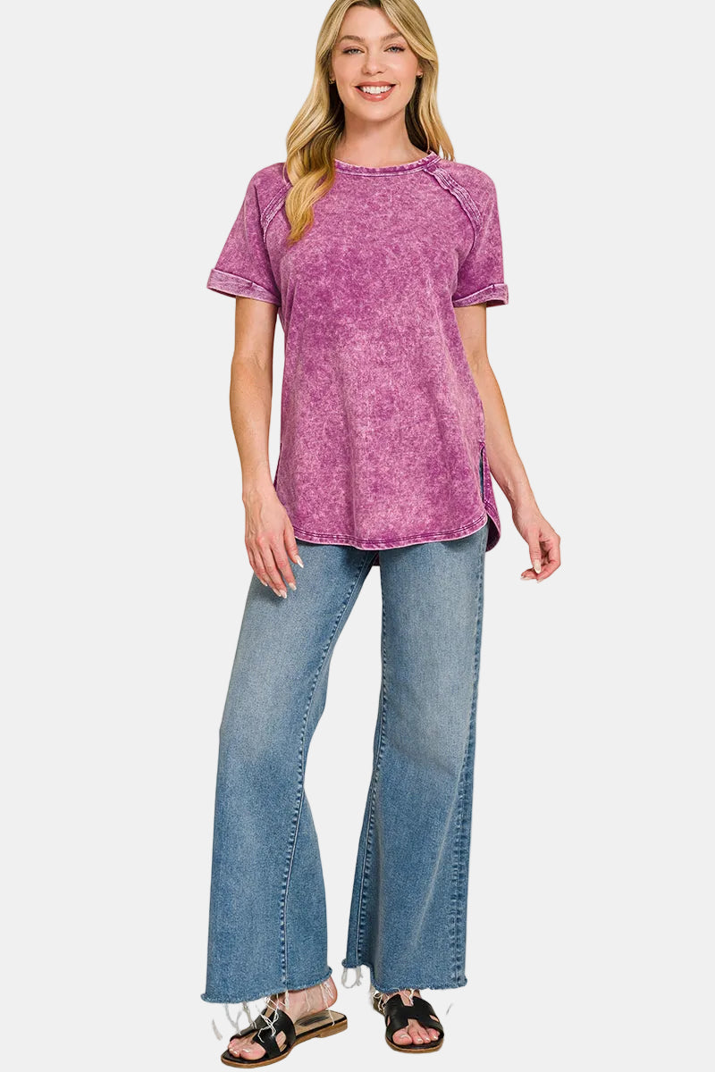 French Terry Washed Curved Hem Top / FUCHSIA