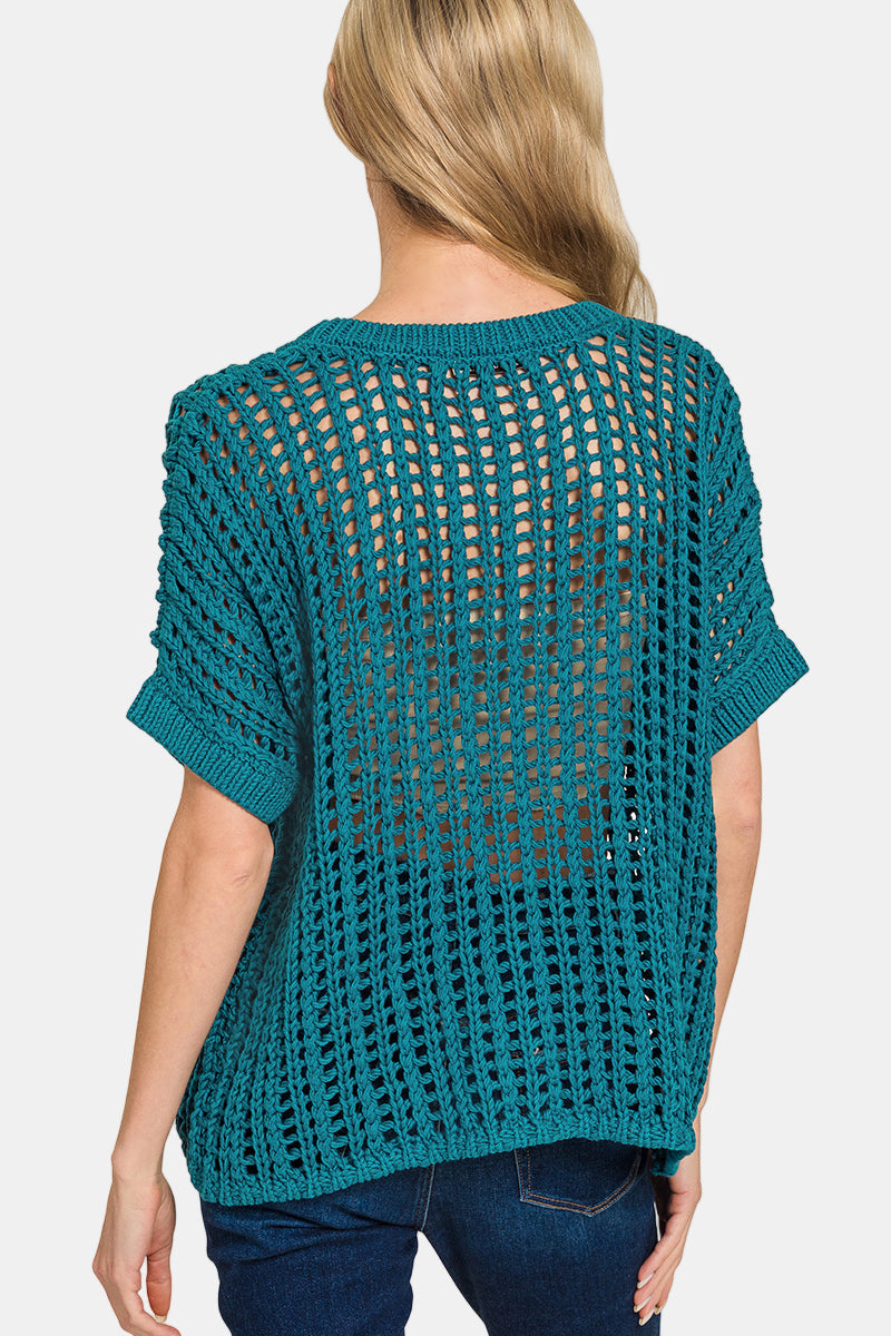 Fish Net Short Sleeve Crochet Sweater / DK PINK