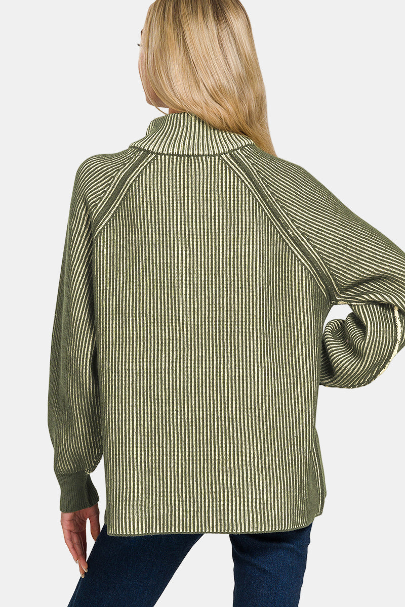 Two Tone Half Zip Sweater / DK GREEN