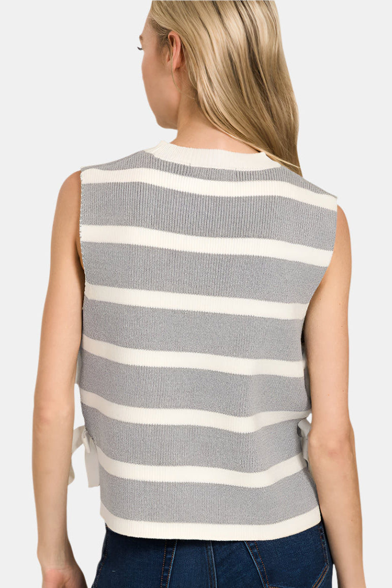 Side Tie Stripe Sweater Vest / DK GREEN