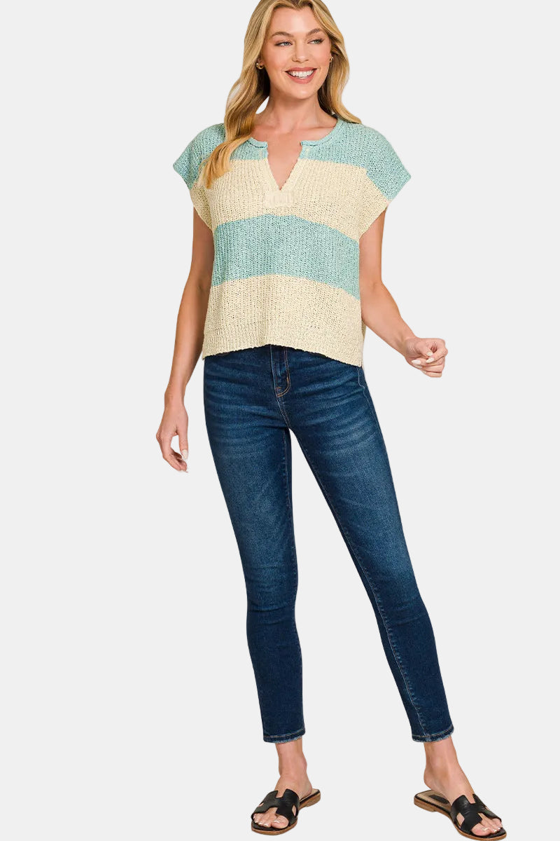 Split Neck Sleeveless Stripe Sweater / CORAL PINK