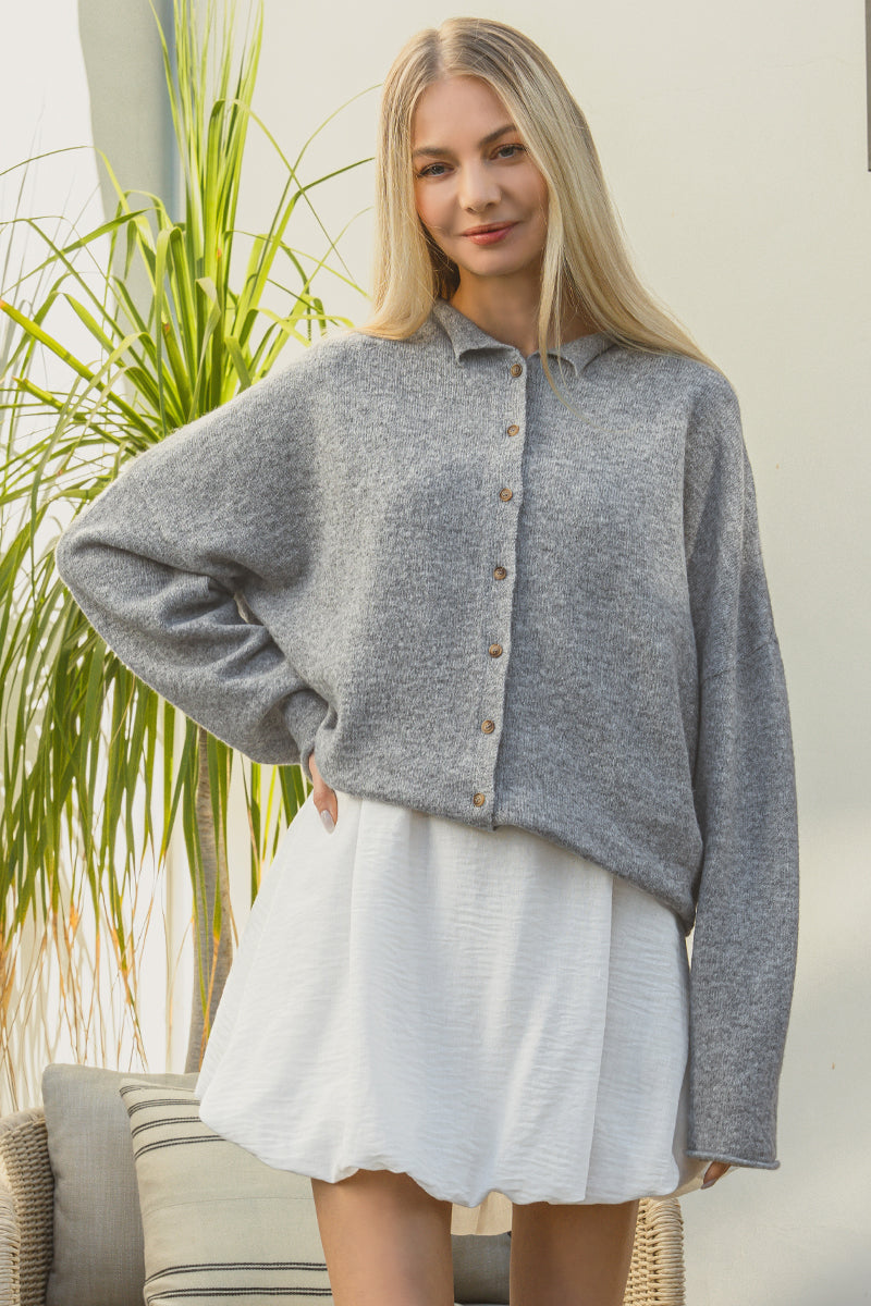 Collared Button Down Cardigan Sweater / BLACK