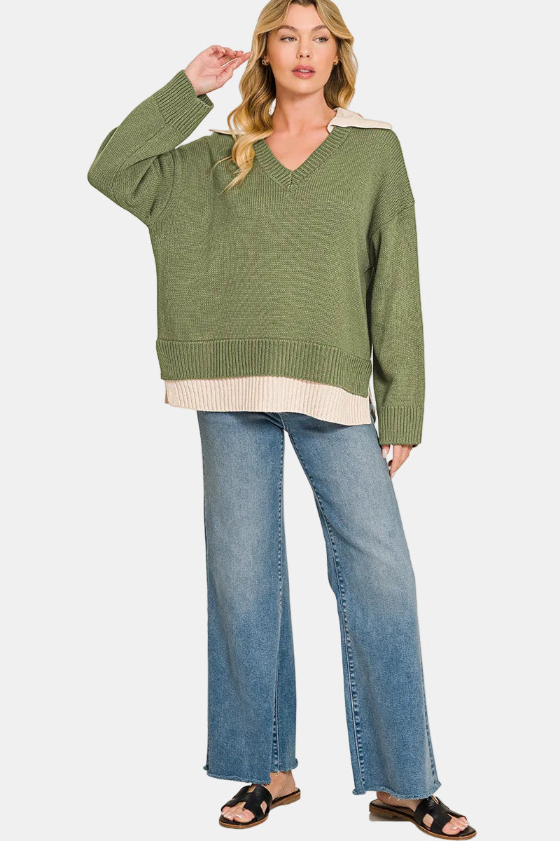 Dual-Look Collared V-Neck Sweater / H GREY