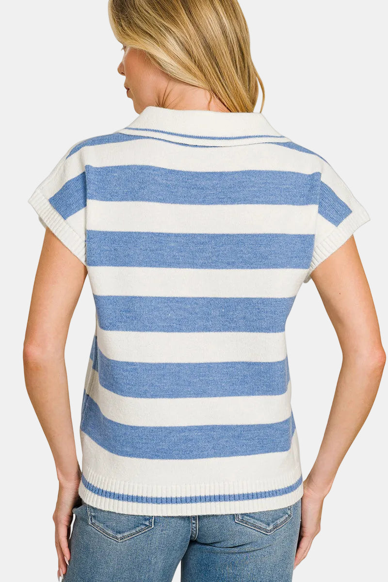 Striped Collared Short Sleeve Sweater / PERSIMMON