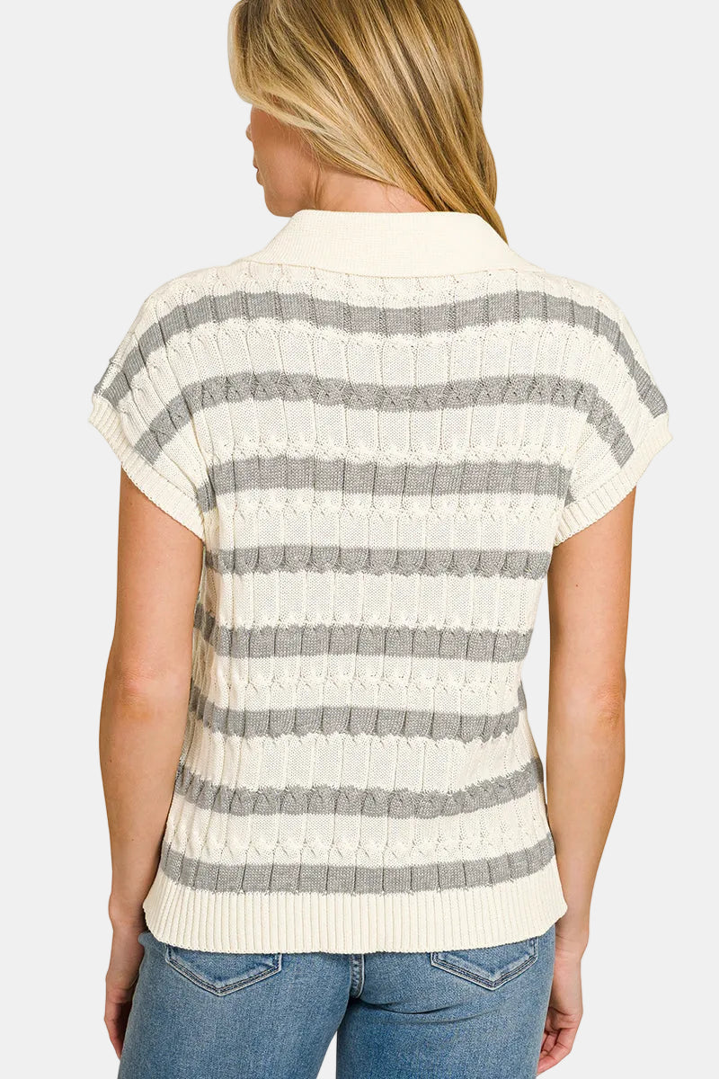Textured Stripe Collared Sweater Vest / H GREY