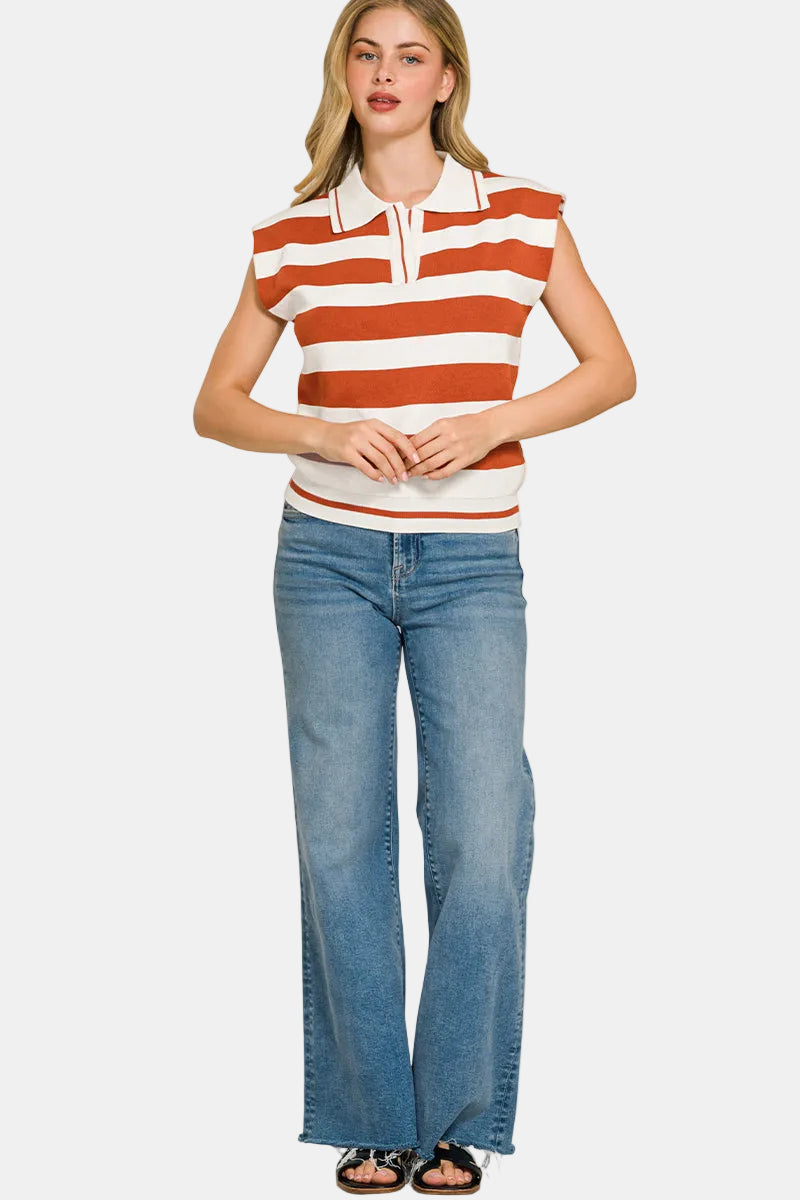 Viscose Striped Collared Sweater / MARLIN/IVORY