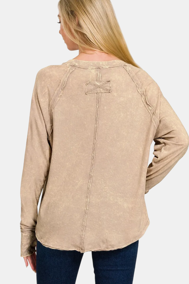 Crinkle Washed Thumb Hole Cuffs Long Sleeve Top / ASH MOCHA