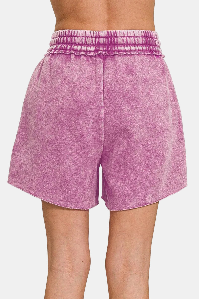 Acid Wash Fleece Drawstring Shorts With Pockets / MARLIN