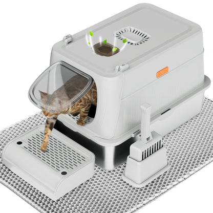 CITYLIFE Extra Large Stainless Steel Cat Litter Box, Fully Enclosed Cat Litter Box With Lid, Foldable Anti-Splashing Cat Litter Box With Front Flap Door, Cat Toilet For Indoor Cats, Top Deodorization Pet Toilet