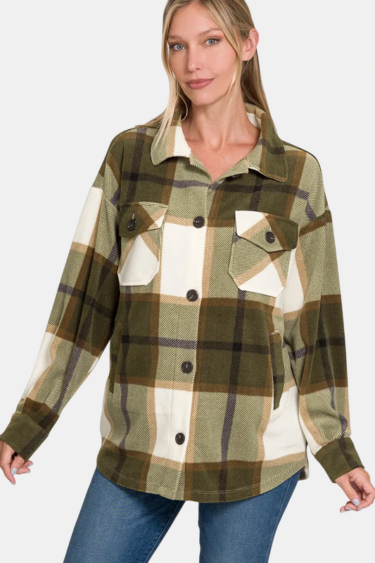 Oversized Plaid Fleece Shacket / OLIVE