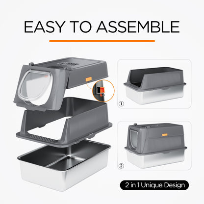 CITYLIFE Extra Large Stainless Steel Cat Litter Box, Fully Enclosed Cat Litter Box With Lid, Foldable Anti-Splashing Cat Litter Box With Front Flap Door, Cat Toilet For Indoor Cats, Top Deodorization Pet Toilet