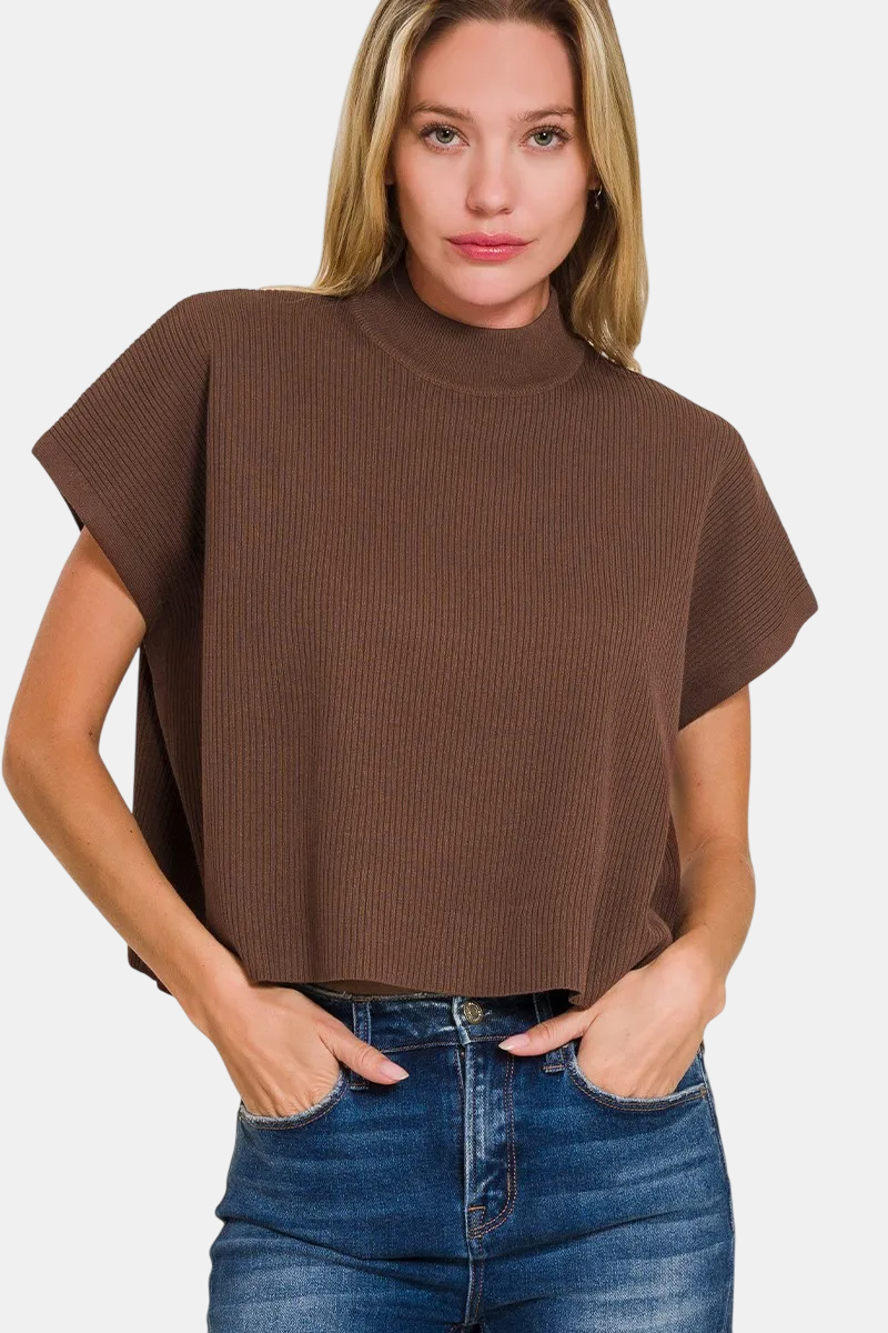 Viscose Mock Neck Cropped Boxy Sweater / BROWN